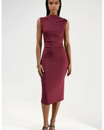 Rochie midi,  guler rotund, cu volane, visiniu, jerseu