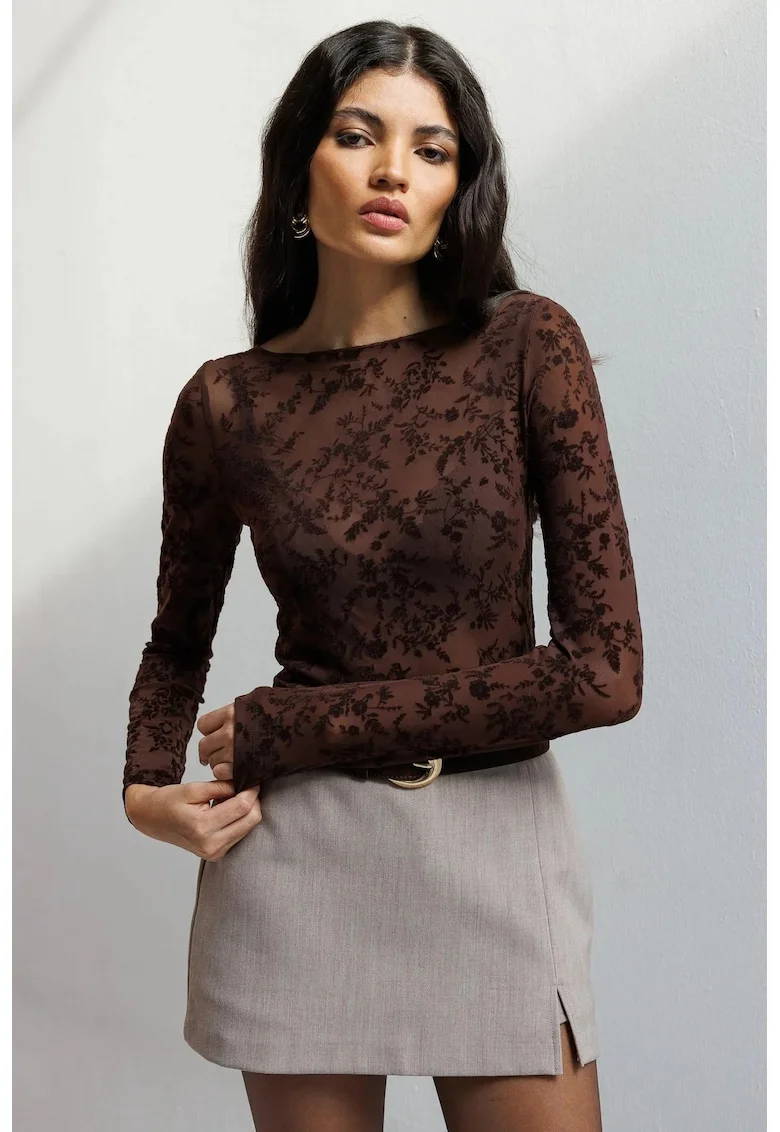 Bluza dama,  Bluza Florala cu Guler Barca, Detaliu Elastic, Maro, Textil