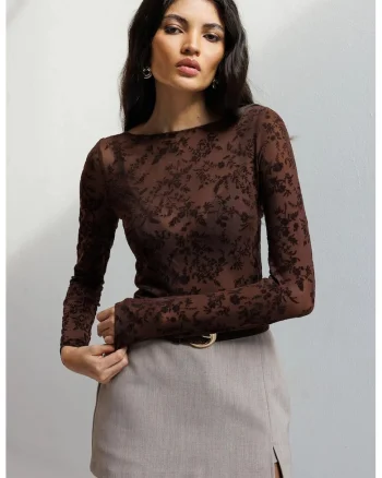 Bluza dama,  Bluza Florala cu Guler Barca, Detaliu Elastic, Maro, Textil