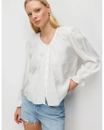 Bluza dama,  texturata, guler rotund, nasturi, Natural Ivoire, textil