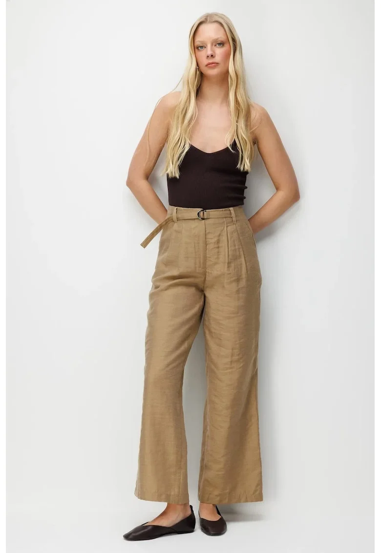 Pantaloni dama,  talie inalta, maro natural, poliester