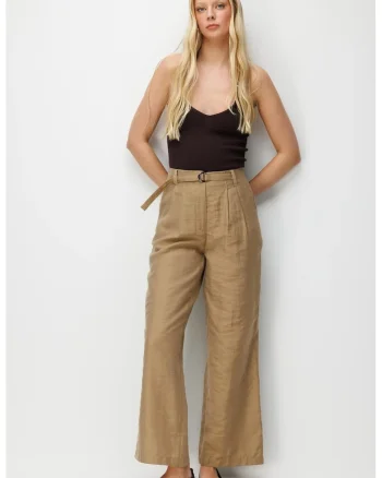 Pantaloni dama,  talie inalta, maro natural, poliester