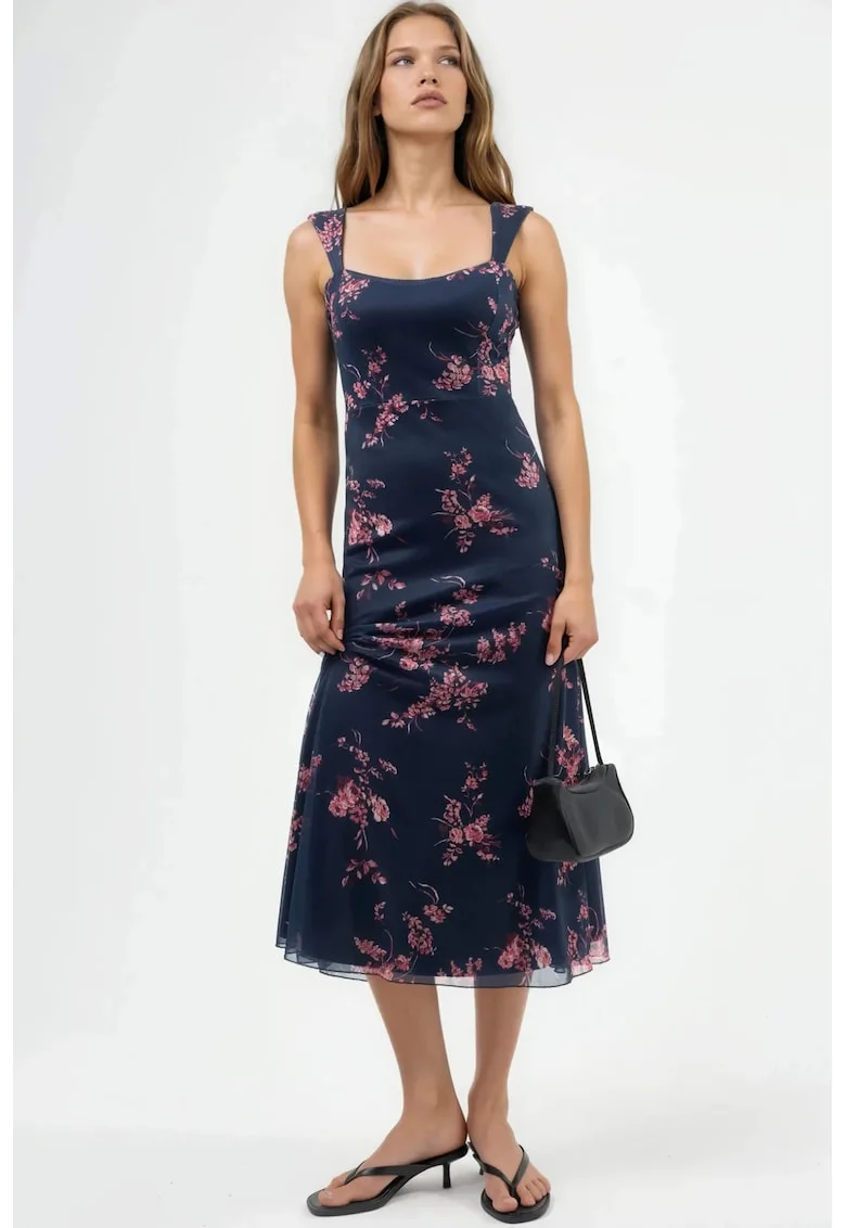 Rochie Midi,  Florala cu Guler Inima, Multicolor, Jerseu