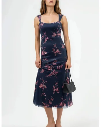 Rochie Midi,  Florala cu Guler Inima, Multicolor, Jerseu