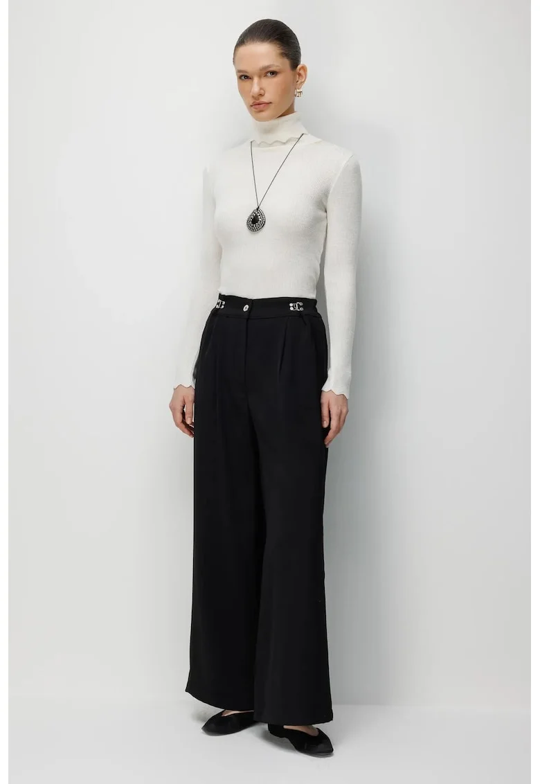 Pantaloni dama,  talie inalta, croiala ampla, negru, poliester