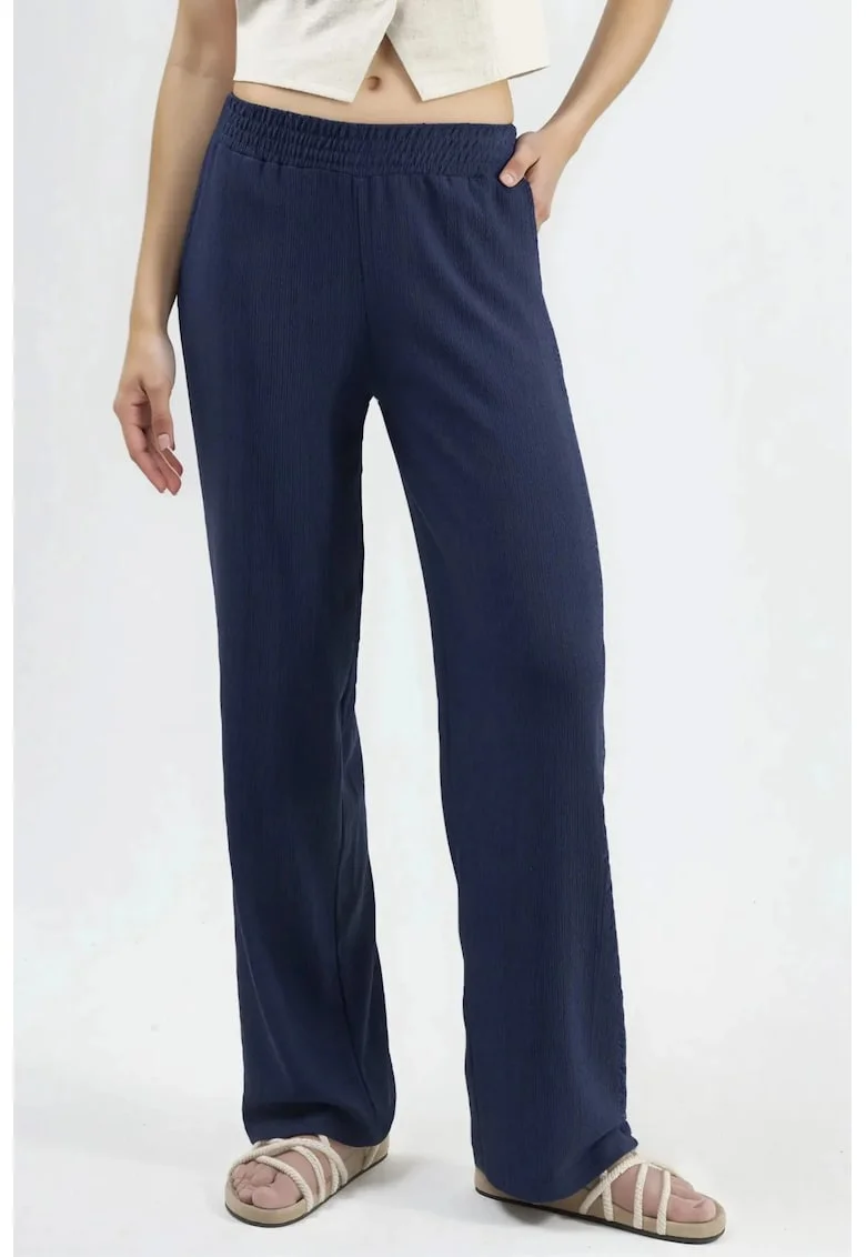 Pantaloni dama,  drepti, talie medie, picior larg, bleumarin, poliester