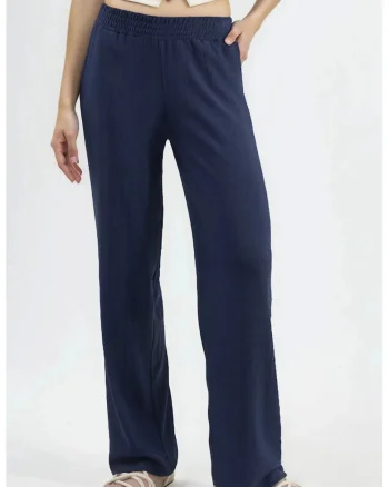 Pantaloni dama,  drepti, talie medie, picior larg, bleumarin, poliester