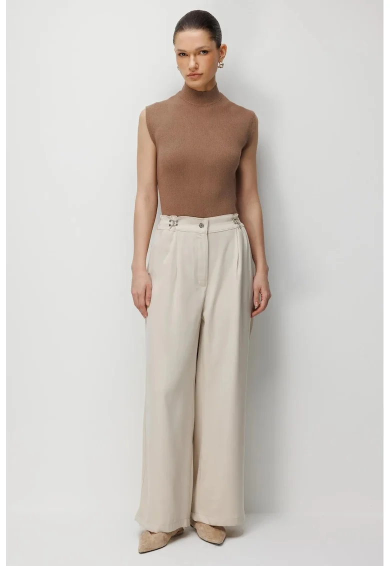 Pantaloni dama,  talie inalta, picior larg, bej, poliester