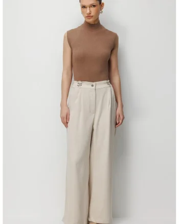 Pantaloni dama,  talie inalta, picior larg, bej, poliester