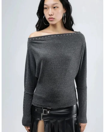 Bluza dama  guler barcuta, gri inchis, jerseu