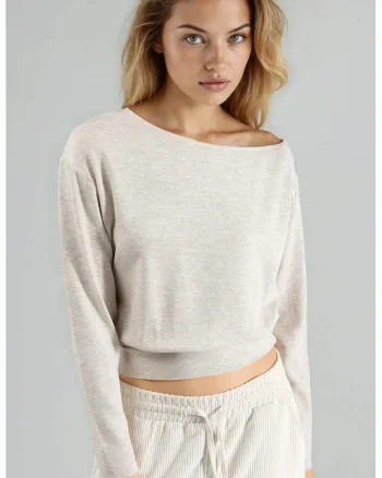 Bluza dama,  bluza elastica cu maneca lunga, decolteu barca, bej natural, jerseu