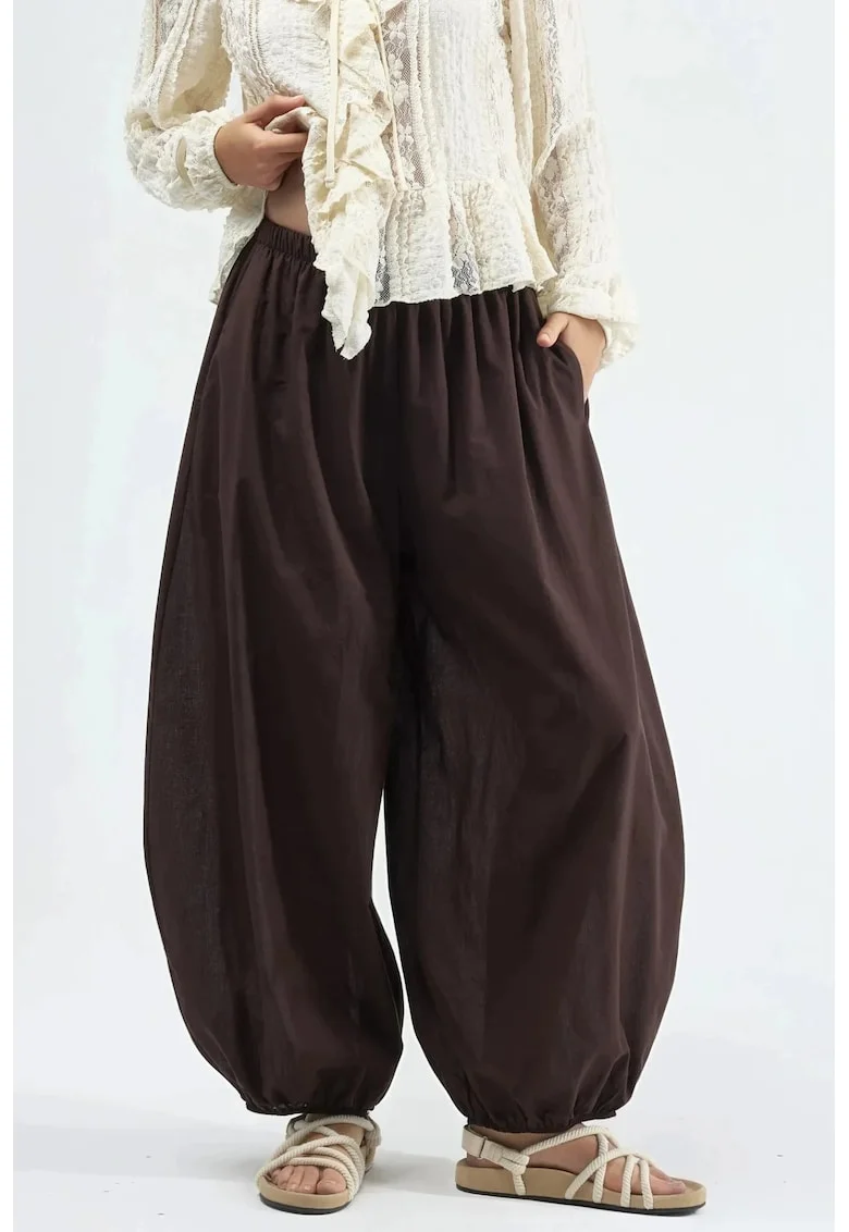 Pantaloni dama,  talie elastica, maro, poliester