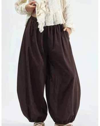 Pantaloni dama,  talie elastica, maro, poliester