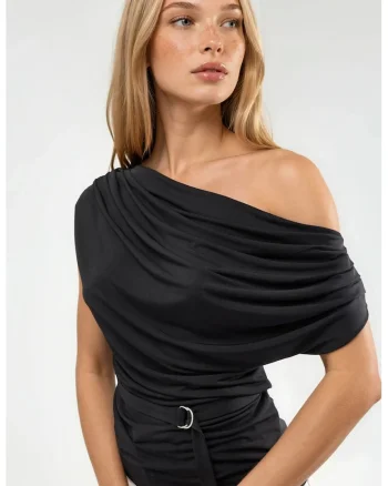 Bluza dama,  top cu guler asimetric, negru, jerseu