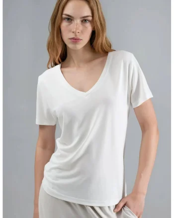 Tricou dama  decolteu in V, maneca scurta, alb, jerseu