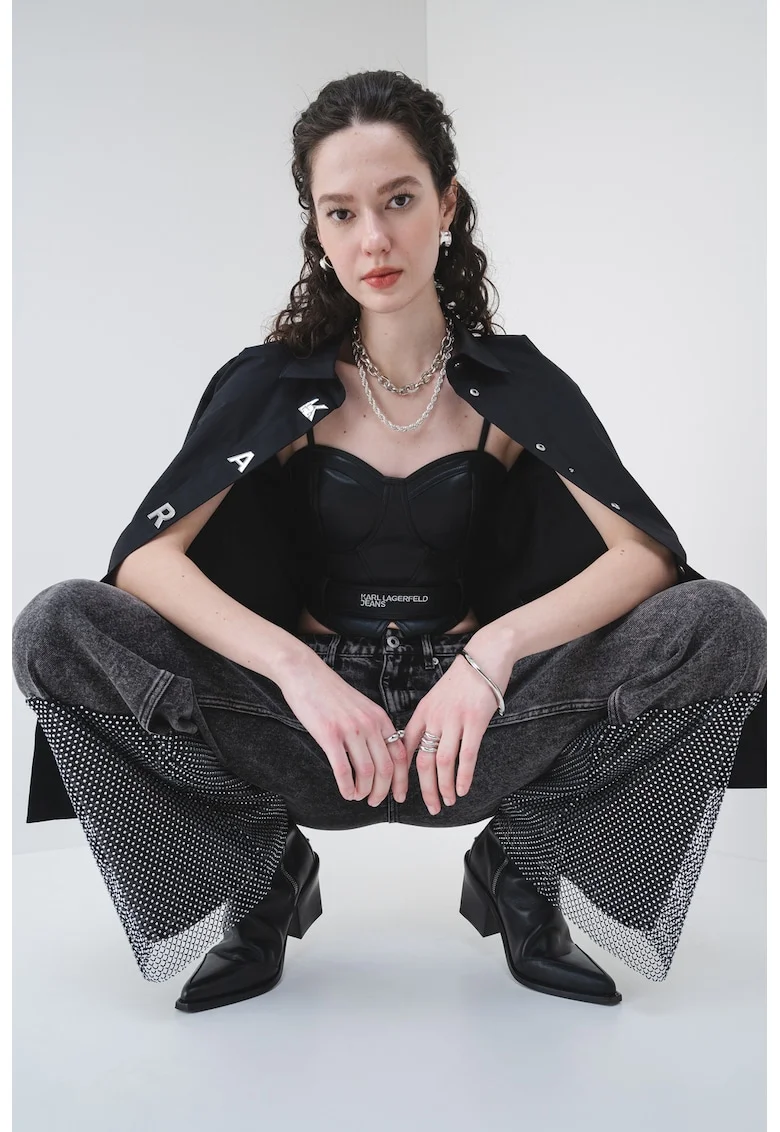 Top crop de piele ecologica, Negru