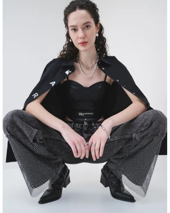 Top crop de piele ecologica, Negru