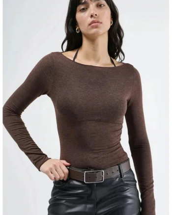 Bluza dama,  decolteu barca, maro jerseu, Maro