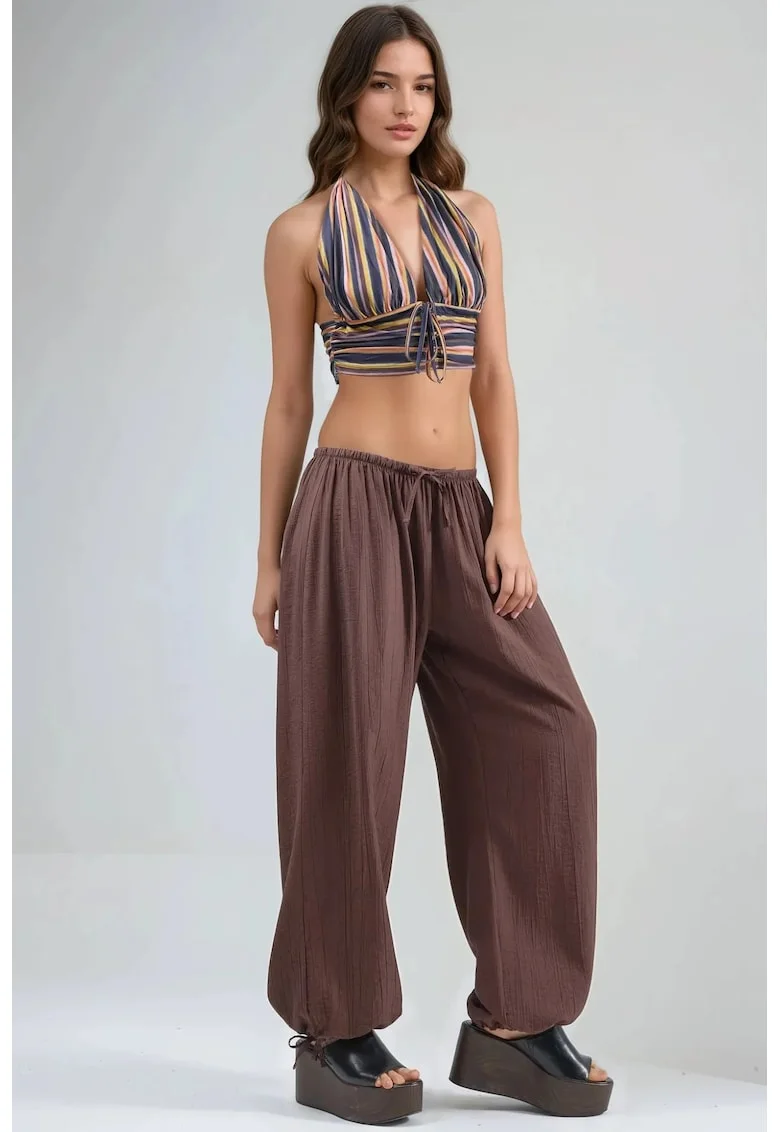 Pantaloni dama,  cu talie elastica si detaliu cu snur, maro, textil