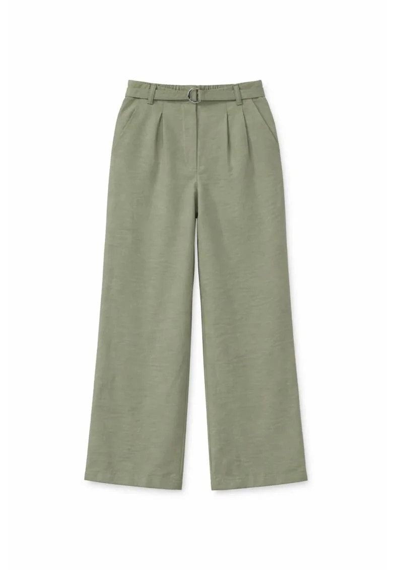 Pantaloni dama,  talie inalta, picior larg, kaki, poliester