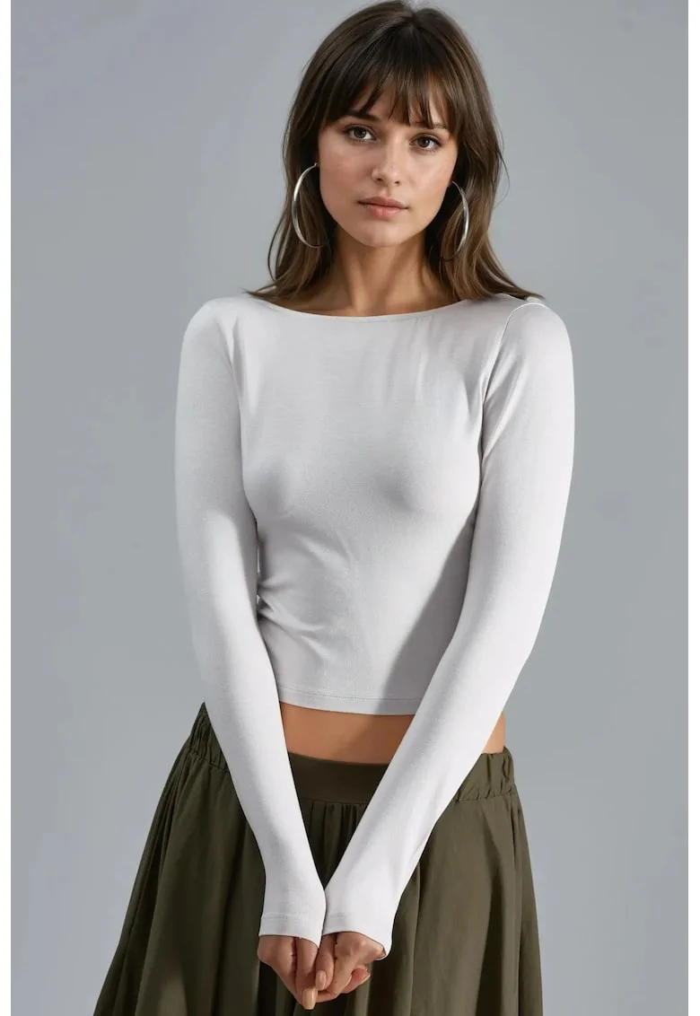 Bluza dama,  crop slim fit, detalii la spate, alb jerseu