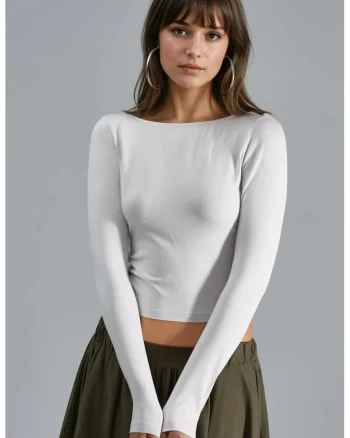 Bluza dama,  crop slim fit, detalii la spate, alb jerseu