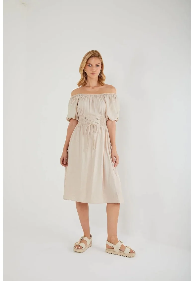 Rochie midi,  cu umerii goi, bej, textil
