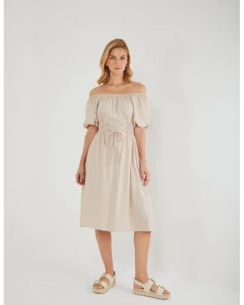 Rochie midi,  cu umerii goi, bej, textil