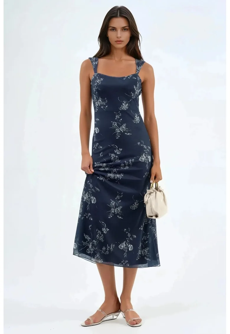 Rochie Midi,  Florala, cu Guler Inima, Albastru, poliester/elastan