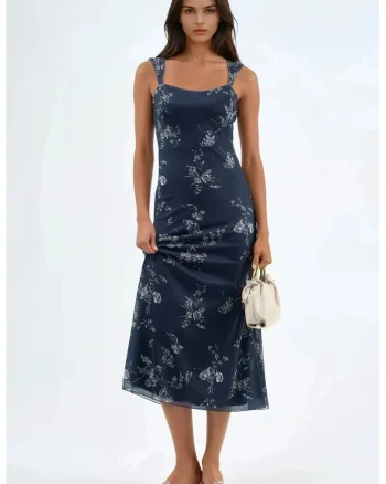 Rochie Midi,  Florala, cu Guler Inima, Albastru, poliester/elastan