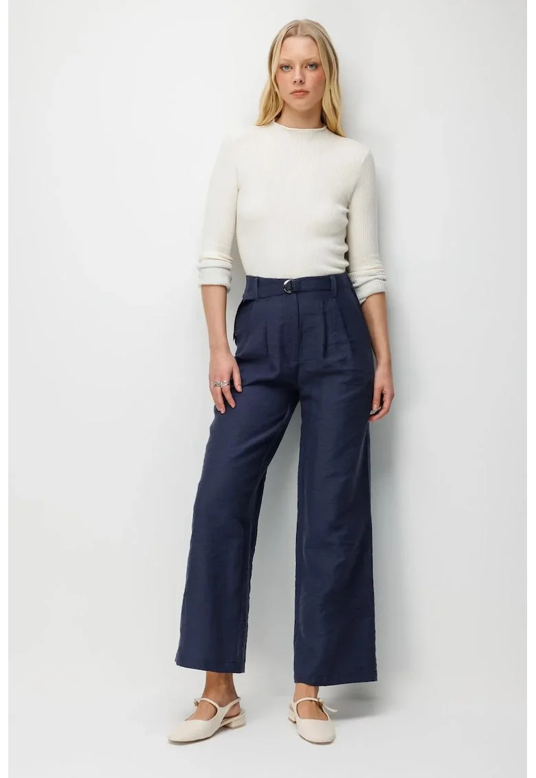 Pantaloni dama,  talie inalta, croiala larga, bleumarin, poliester