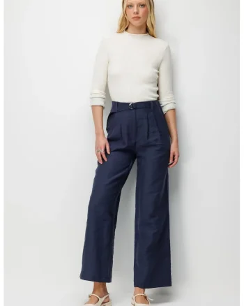 Pantaloni dama,  talie inalta, croiala larga, bleumarin, poliester