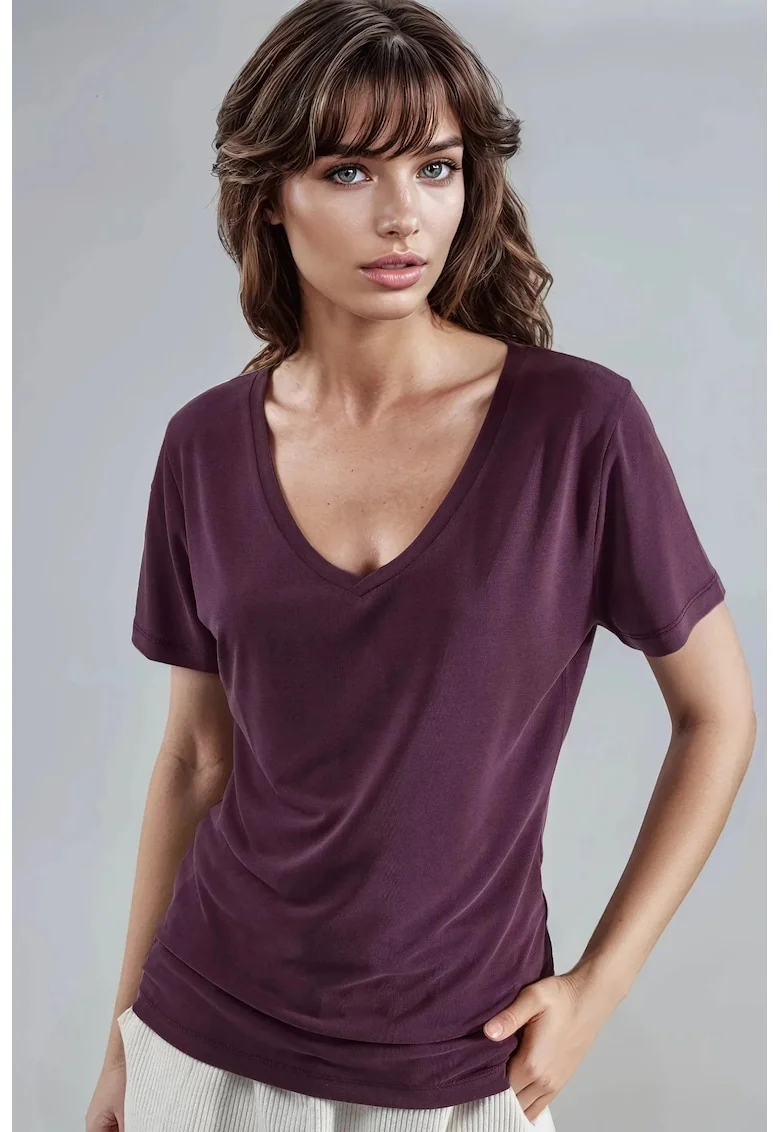 Tricou dama,  maneca scurta, decolteu in V, mov lavanda, jerseu