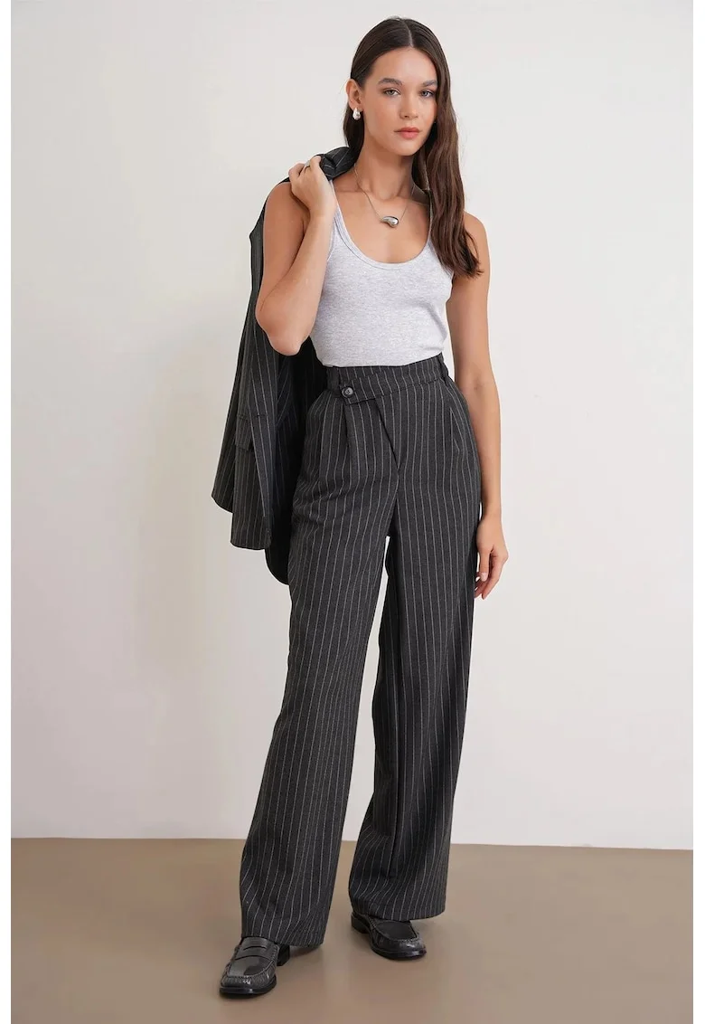 Pantaloni dama,  talie inalta, picior drept, gri, poliester