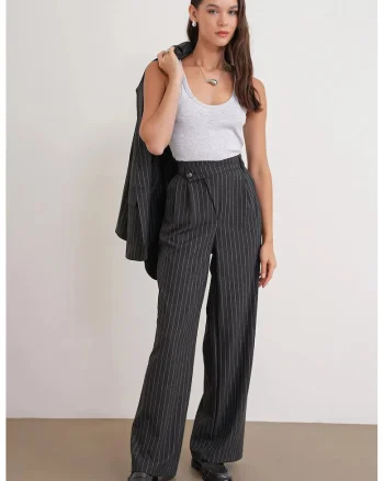 Pantaloni dama,  talie inalta, picior drept, gri, poliester