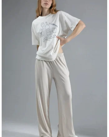 Pantaloni dama,  talie elastica, croiala dreapta, ecru, textil sintetic