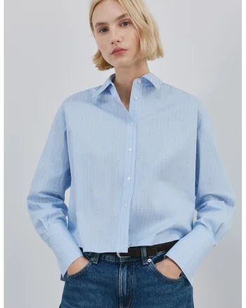 Camasa cu model in dungi si aplicatii cu paiete, Alb/Albastru pastel