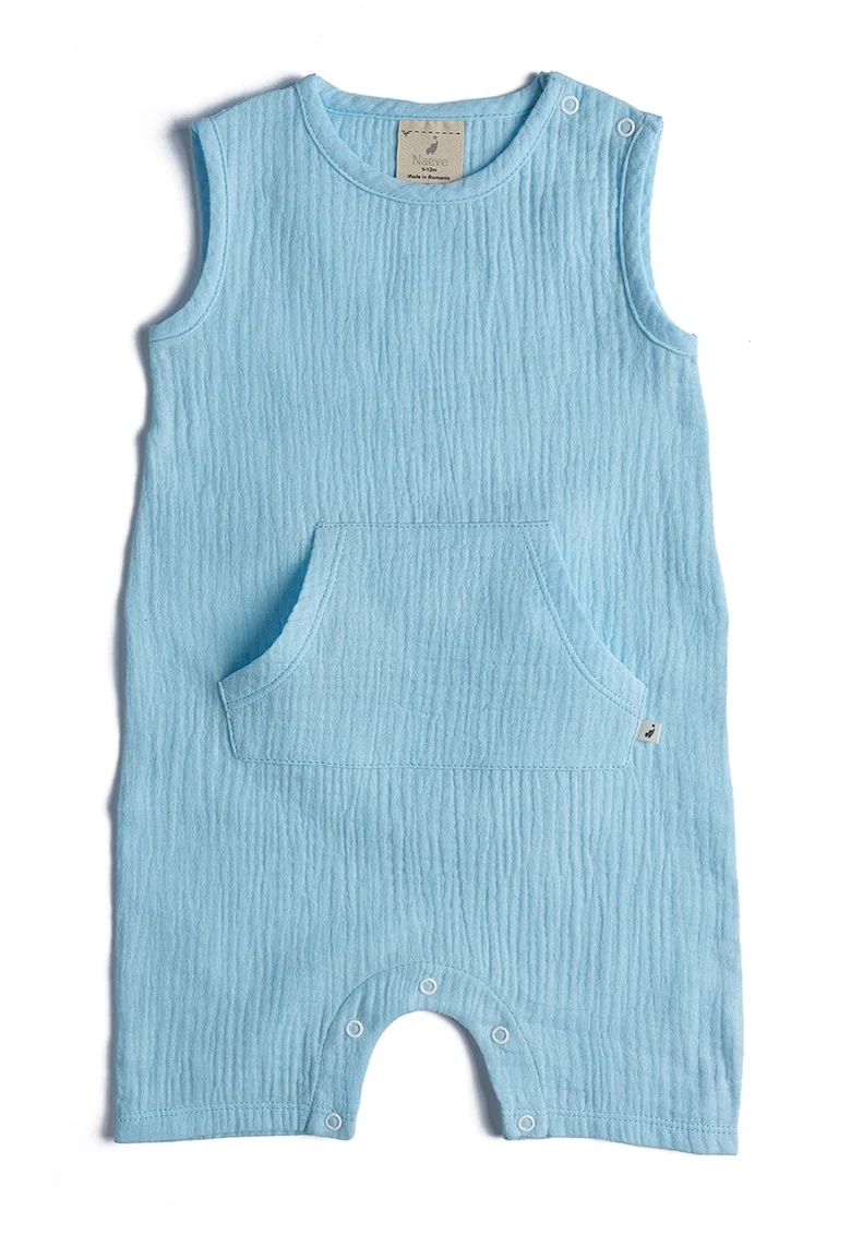 Salopeta de bumbac organic cu buzunar kangaroo, Albastru pastel