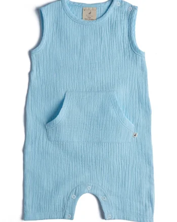 Salopeta de bumbac organic cu buzunar kangaroo, Albastru pastel