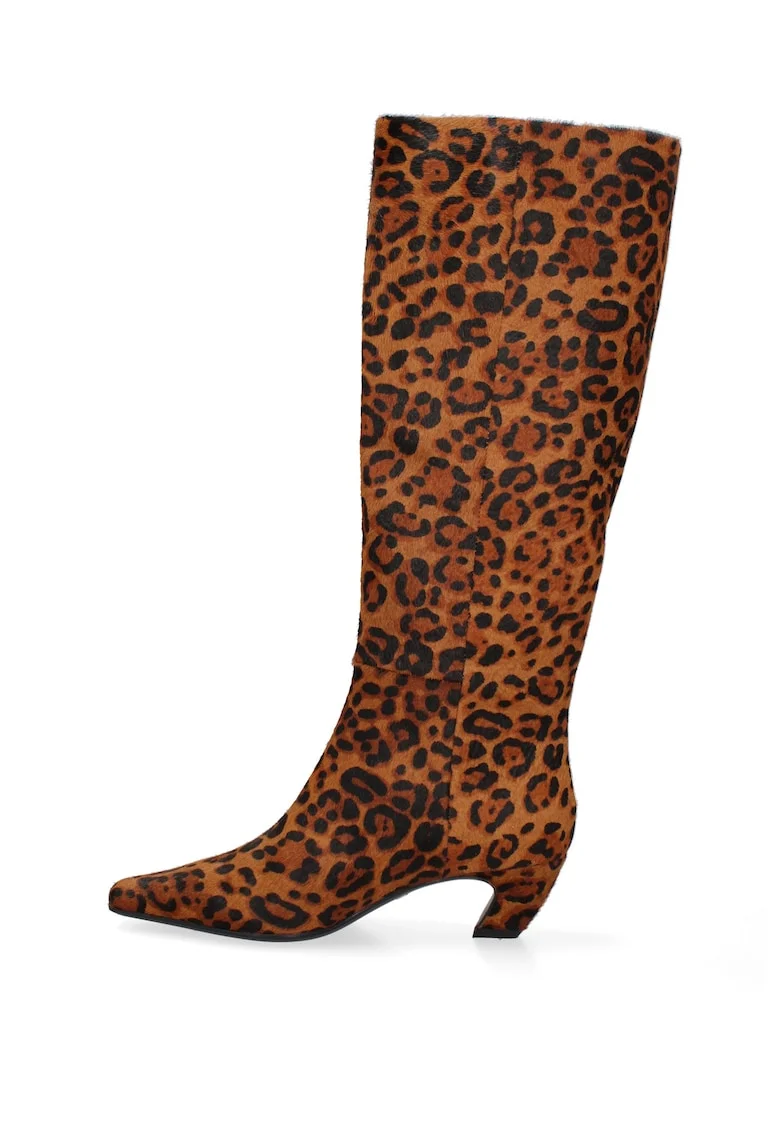 Cizme inalte pana la genunchi cu animal print Brunilde, Negru/Maro