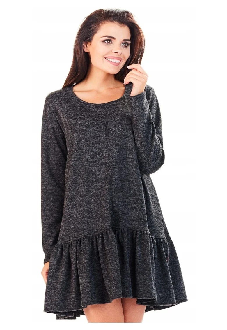 Rochie De Dama Cu Volan,  L056, Material 65% Poliester, 33% Viscoza, 2% Elastan, Scurta, Croi Asimetric, Decolteu Rotund, Maneci Lungi, Grafit, Gri grafit