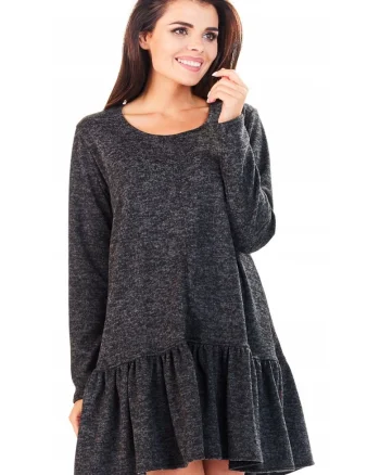 Rochie De Dama Cu Volan,  L056, Material 65% Poliester, 33% Viscoza, 2% Elastan, Scurta, Croi Asimetric, Decolteu Rotund, Maneci Lungi, Grafit, Gri grafit