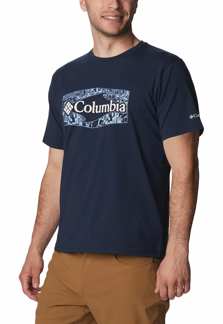 Tricou cu imprimeu logo, pentru trekking si drumetii Sun Trek, Alb/Albastru ultramarin/Albastru prafuit