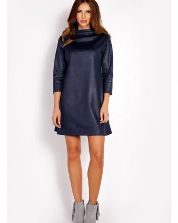 Rochie Dama,  L006, Trapez Mini, Decolteu Tip Cascada, Maneci 3/4, Usor Evazata, Tesatura Confortabila cu Vascoza si Elastan, Eleganta, Ideala Intalniri, Gri, Albastru inchis
