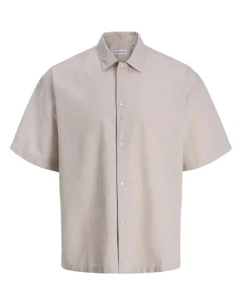 Camasa oversize cu maneca scurta barbati, din amestec de in, Bej