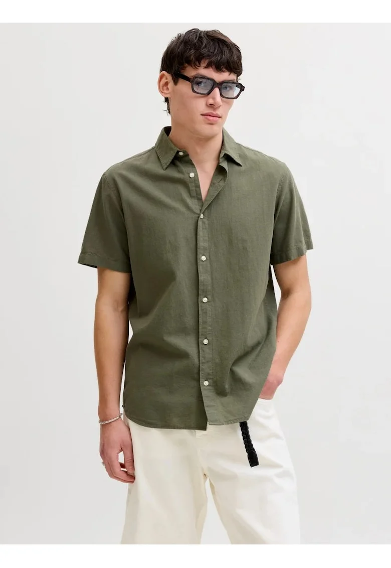 Jack & Jones Camasa cu maneca scurta barbati, din amestec de in, Regular fit, Verde masliniu