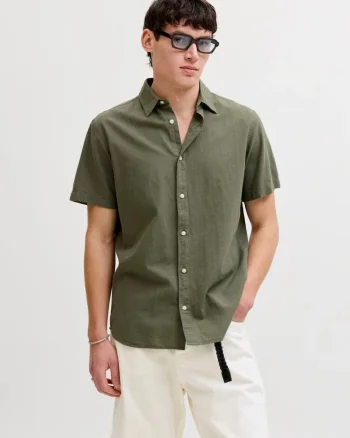 Jack & Jones Camasa cu maneca scurta barbati, din amestec de in, Regular fit, Verde masliniu