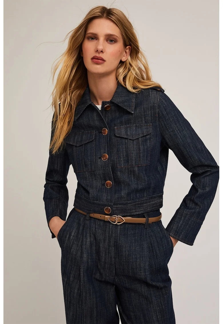Jacheta din denim crop cu nasturi, Bleumarin
