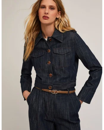 Jacheta din denim crop cu nasturi, Bleumarin