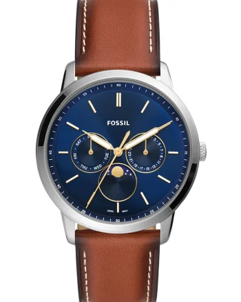 Ceas quartz cu o curea din piele, Argintiu/Maro coniac
